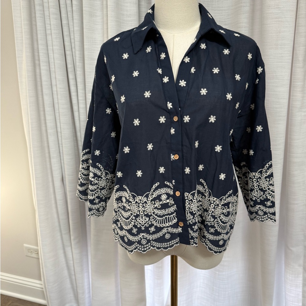 Zara Navy Blouse with White Embroidery -Sz XS
